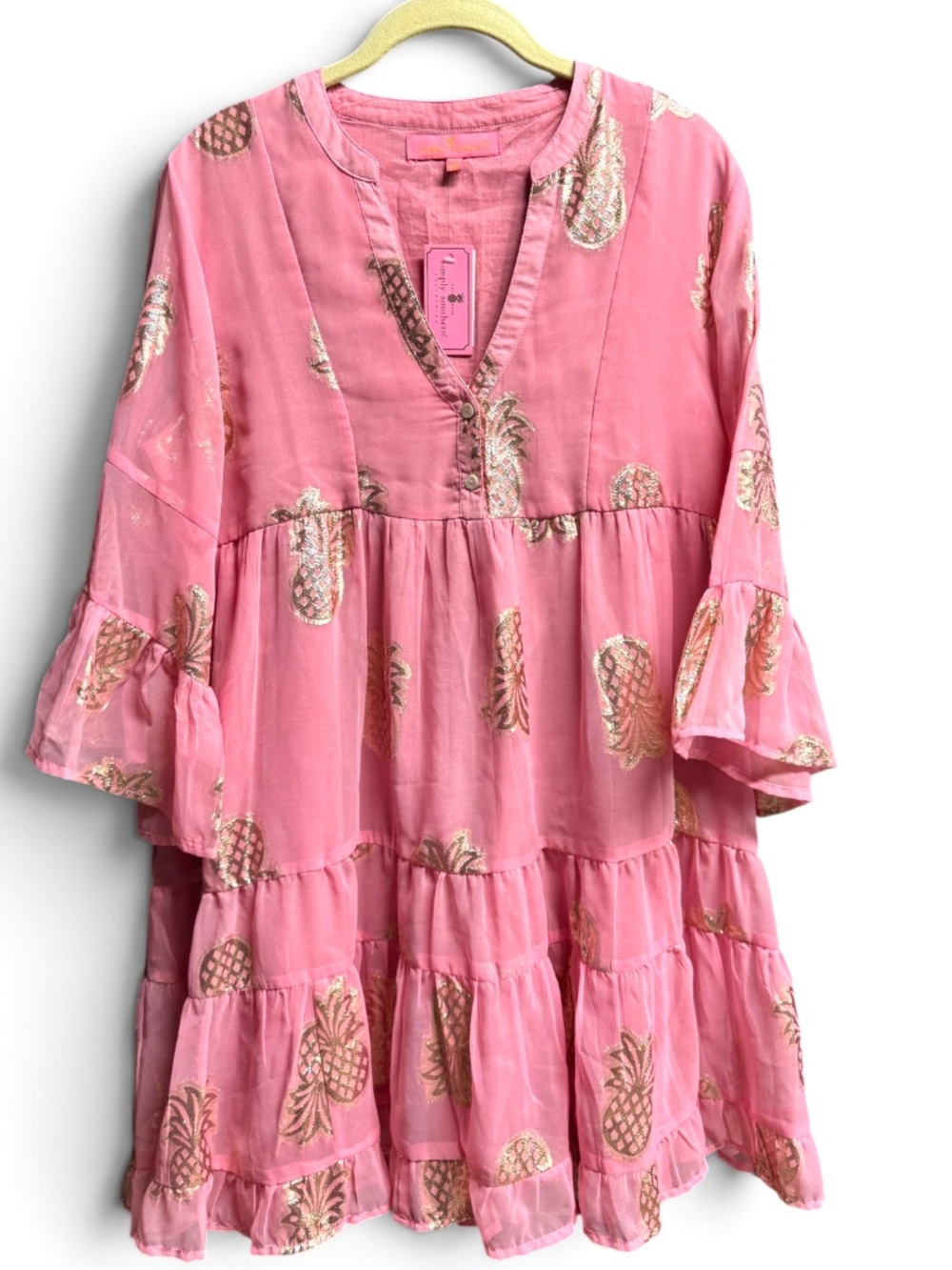 Simply Southern Pink Gold Pineapple Tiered Dress Small NWT